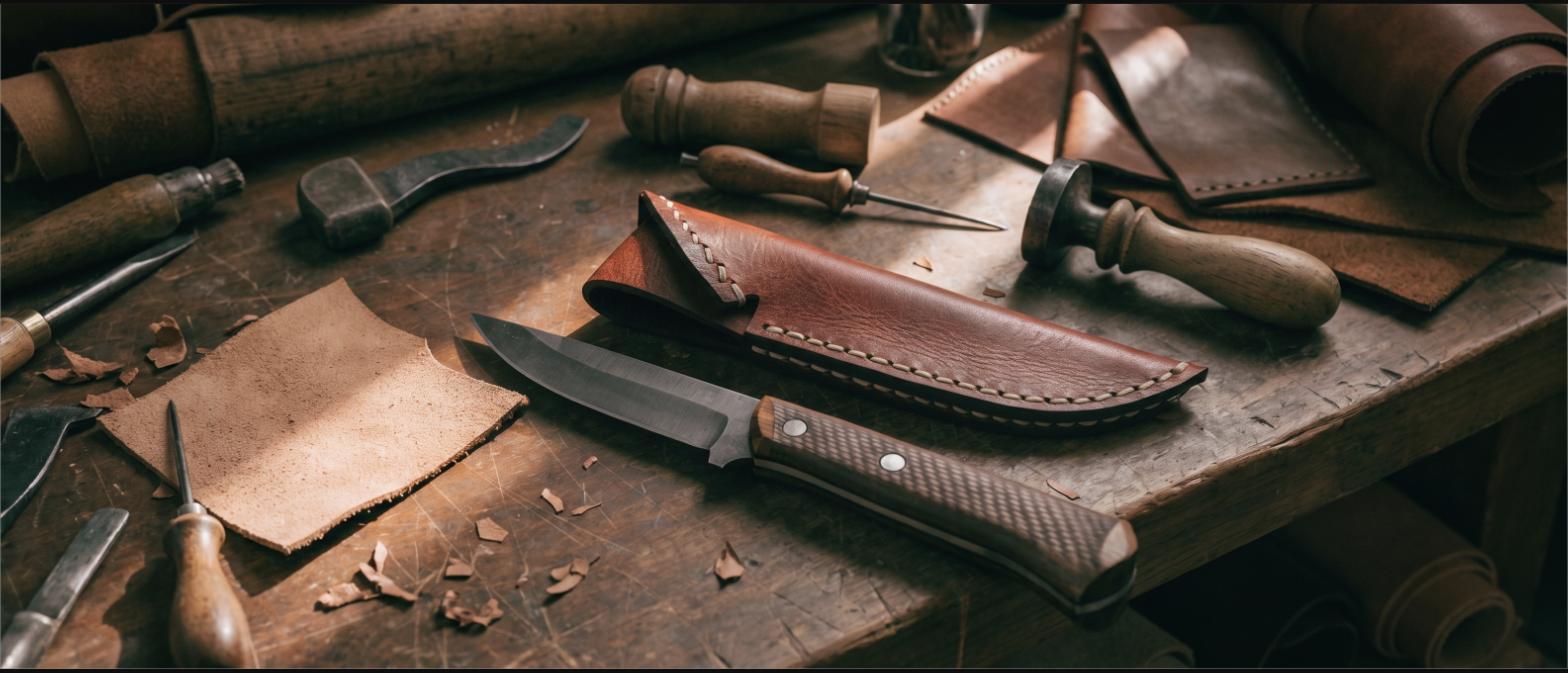 Hand-stitched leather knife sheath and a fixed-blade knife on a leatherworker's bench