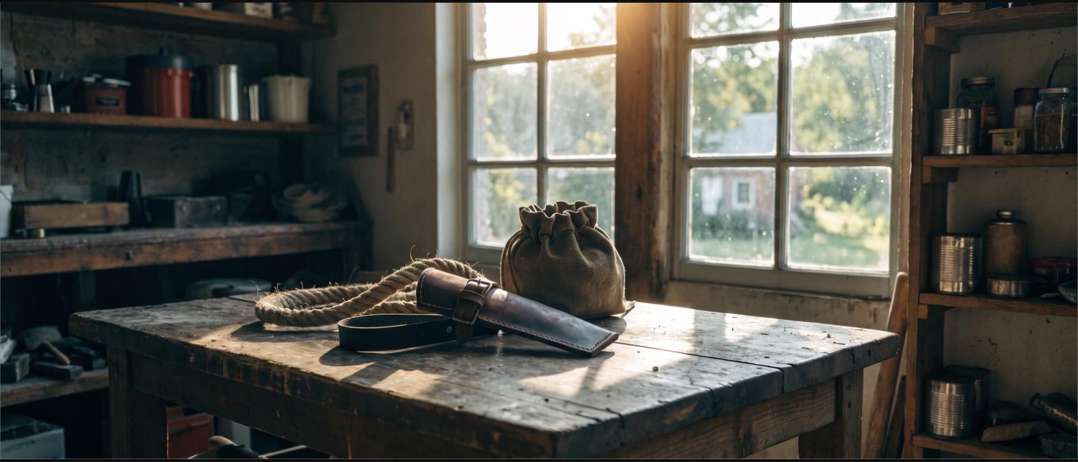 A leather sheath and belt on a rustic workshop table by a window